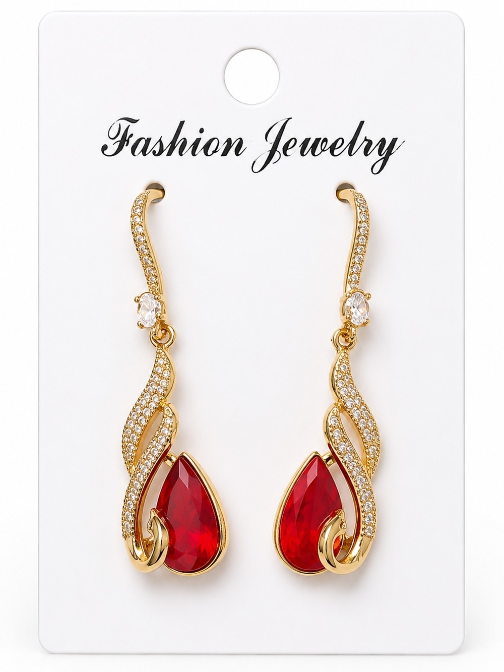 Fashion Jewelry Gold-Tone Red Teardrop Crystal Drop Earrings